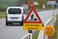 Sign `Conservation works` on a street in Austria, Europe